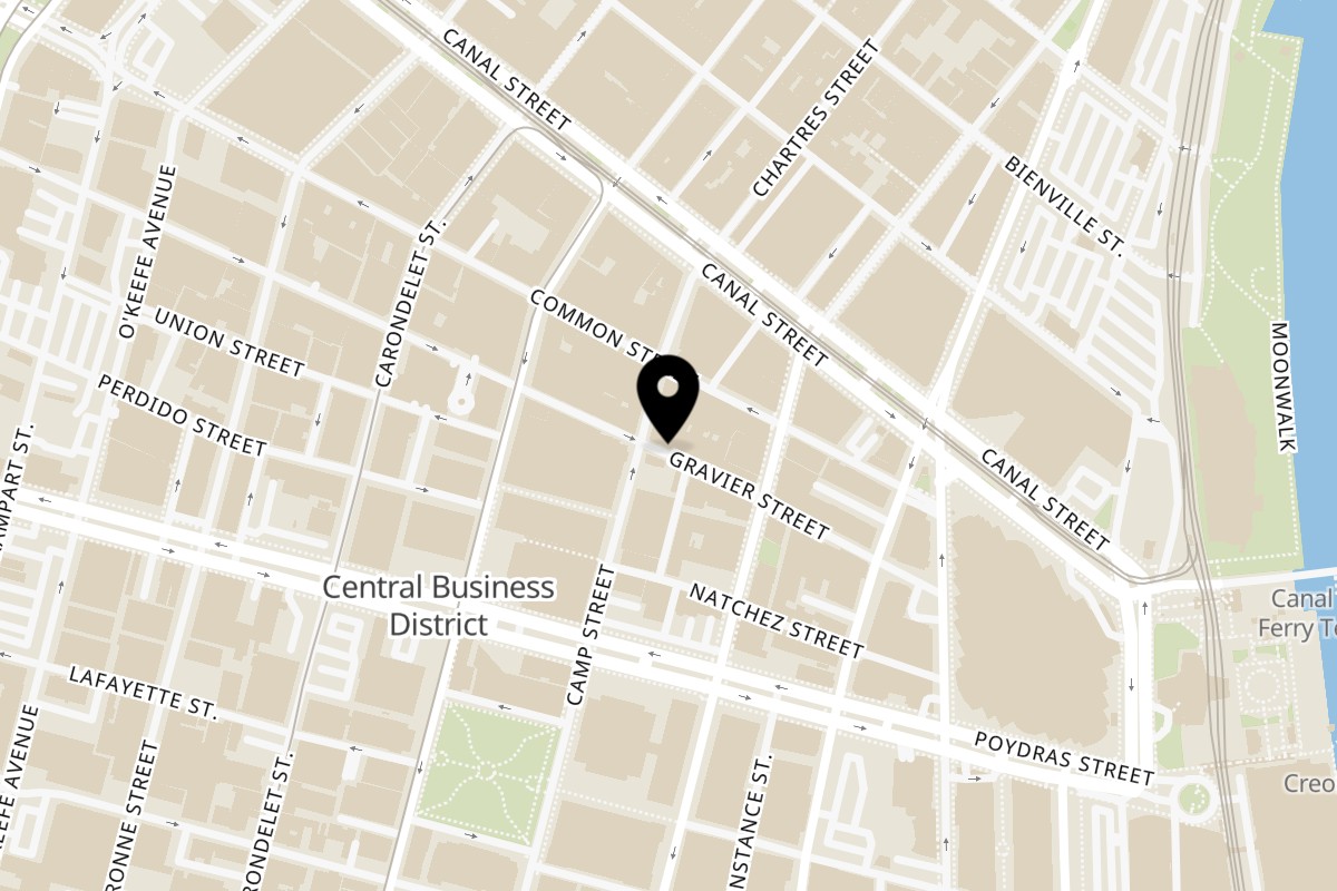 Map showing the location of Lyons Corner on 537 Gravier St in New Orleans